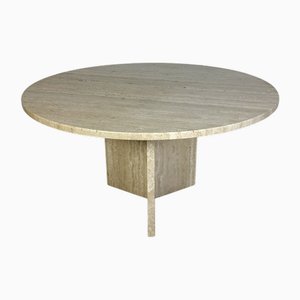 Large Italian Round Travertine Dining Table, 1970s