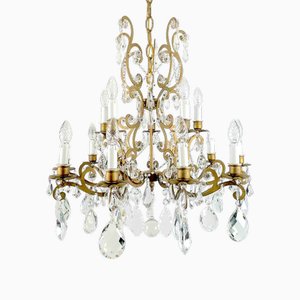 Lustre Doré avec Cristaux et 15 Lumières, Italie, 1950