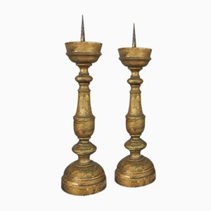 Antique Baroque Wooden Candlesticks, Set of 2