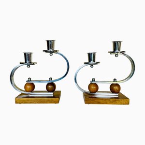 Art Deco Chrome and Walnut Candleholders, 1930s, Set of 2