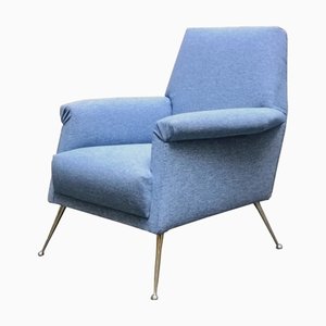 Light Blue Fabric Armchair with Brass Feet, Italy, 1960s
