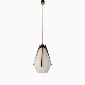 Mid-Century Decorative Teck and Brass Pendant Lamp, Italy, 1960s