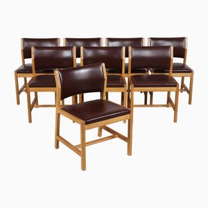 BM 72 Dining Chairs in Oak with Mocha Leather Seats by Børge Mogensen for Fredericia, 1970s, Set of 8