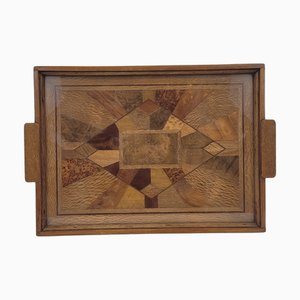 Art Deco Tray Marquetry and Glass, France, 1950s