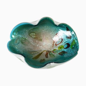 Scodella Mid-Century in vetro di Murano turchese e foglia d'argento di Fratelli Toso, anni '60