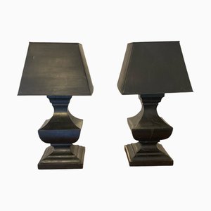 Grandes Lampes de Bureau Sculptées à la Main en Bois d'Ébène avec Abat-Jour en Métal Noir Rustique, Set de 2