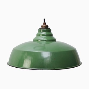 Vintage French Industrial Pendant Lamp in Green Enamel with Brass Top