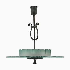 Lampadario Art Déco in vetro e ottone patinato, Svezia, anni '40