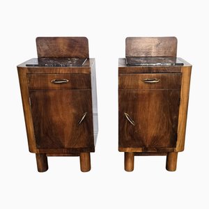 Italian Art Deco Nightstands in Burl Walnut, 1940s, Set of 2