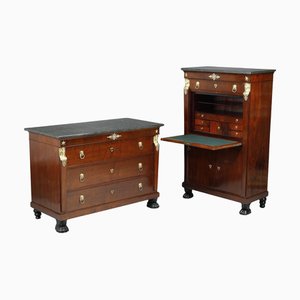Consulat Commode and Secretary in Mahogany and Mahogany Veneer, 1795, Set of 2