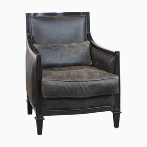 Art Deco Black Cowhide and Wooden Armchair