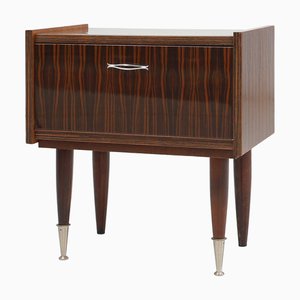 Mesita de noche vintage de madera con detalles de cromo, Bélgica, años 60