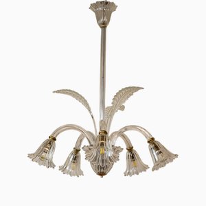 Lustre à 5 Lumières Vintage en Verre de Murano attribué à Ercole Barovier pour Barovier & Toso, 1940s