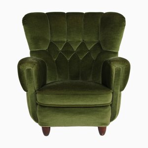 Fauteuil Art Déco à Dossier Haut Rembourré en Velours Vert Foncé par Viggo Boesen pour Fritz Hansen, Danemark, 1940s
