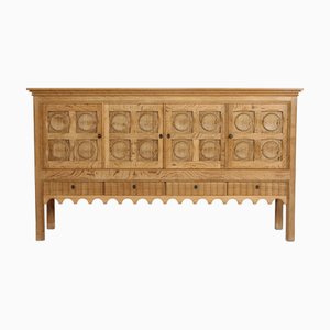 Large Brutalist Danish Sideboard in Oak with 4 Doors by Henning Kjærnulf, 1970s