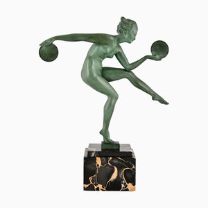 Andre Derenne / Marcel Bouraine, Nackter Art Deco Scheibentänzer, 1930, Metall auf Marmorsockel