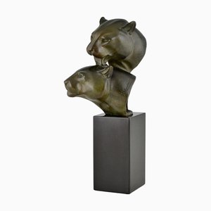 Irenee Rochard, Art Deco Skulptur mit Zwei Pantherköpfen, 1930, Bronze & Marmor
