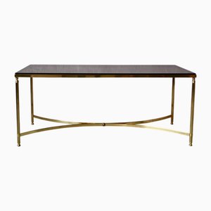 Large Hollywood Regency French Coffee Table in Gilded Brass Metal and Smoked Glass