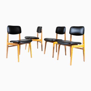 Chairs in Wood and Black Eco-Leather, 1960s, Set of 4