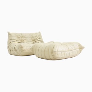 Set of Set of Togo Sofa & Pouf in Beige Leather by Michel Ducaroy for Ligne Roset
