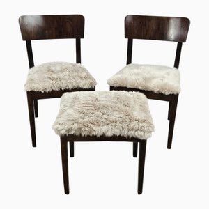 Art Deco Walnut Chairs and Stool with Fur Upholstery, 1930s, Set of 3