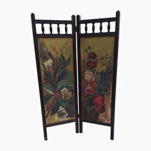 German Screen in Black Lacquered Beech Wood with Original Painting on the Inside, 1890s