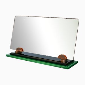 Espejo ahumado, soporte de vidrio negro y piedra verde, Francia, 1958