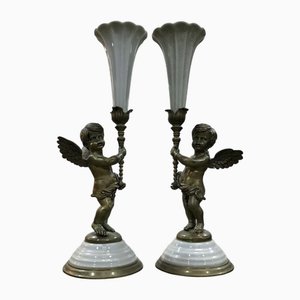 Portacandele cherubino in porcellana e bronzo, anni '70, set di 2