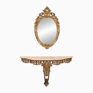 Consolle in ottone dorato con specchio ovale, anni '50, set di 2