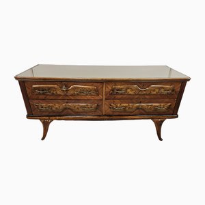 Commode à Tiroirs Mid-Century en Noyer avec Plateau en Verre, 1950