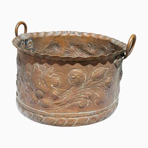 Large Antique Copper Cauldron with Two Handles and Relief Decoration
