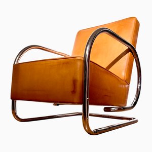Poltrona Bauhaus Cantilever in acciaio tubolare Poltrona in pelle cognac mod. F74 di Frits Kuyken, Belgio, 1935 Poltrona Icona del design