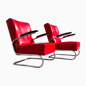 Set Bauhaus Modern Clubsessel von Mauser Werke, Mod. RS8049, Deutschland, 1935, Freischwinger aus verchromtem Stahlrohr