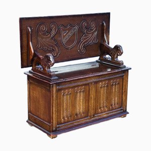 Oak Monks Hall Bench with Carved Lions &n Heraldic Crest