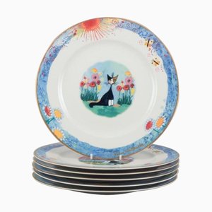 Dinner Plates with Cat Motifs by Rosina Wachtmeister for Goebel, Germany, Set of 6