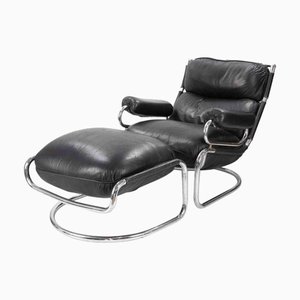 Poltrona cantilever vintage in pelle con poggiapiedi, anni '70, set di 2
