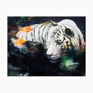 Tigre blanco con peces Koi, 2024, pintura al óleo