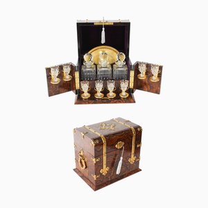 Victorian Burr Walnut Tantalus Dry Bar with Crystal Decanters and Glasses, 19th Century, Set of 12