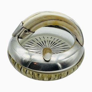 Posacenere antico in vetro molato e placcato in argento con denti di cinghiale, 1910