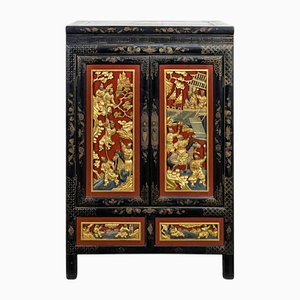 Asian Cabinet with Polychrome Sculpted Panels