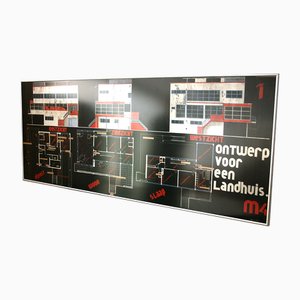 Marcel Seger, plano y dibujo de la villa Bauhaus Art Déco, 1932, carboncillo y pastel. Juego de 2
