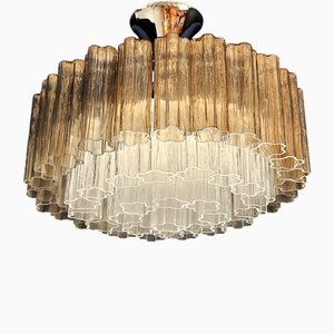 Runder Vintage Murano Kronleuchter mit angeschnittenem Kristallglas & Rauchglas von Barovier, Venedig, Italien