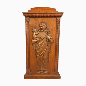 High Relief of Saint Joseph with Child Copper Embossed on Wooden Frame, 1940
