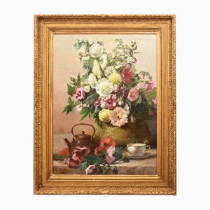 Léon Leblanc, Mallow and Hibiscus Flowers, Oil on Canvas, Late 19th Century, Framed
