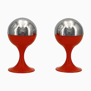 Space Age Tulip Salz- & Pfefferstreuer mit orangefarbenem Kunststoffsockel & verchromten Köpfen von Quist, 1970er, 2er Set