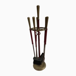 Herramientas de fuego de cuero cosido de Jacques Adnet, años 50. Juego de 6
