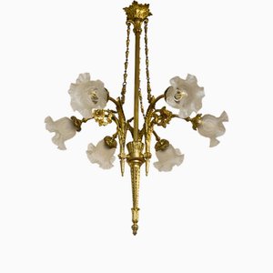 Lámpara de araña antigua estilo Imperio en bronce dorado y tulipán de vidrio satinado. Italia Principios del siglo XX, años 20