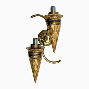 Art Deco Style Bronze Torchiere Wall Light with Glass Candles, 1950s