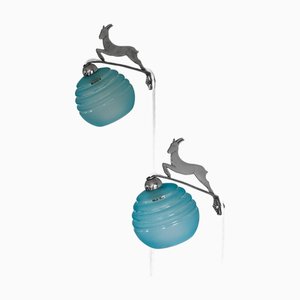 French Art Deco Chrome Wall Sconce with Blue Glass Globes, 1930s