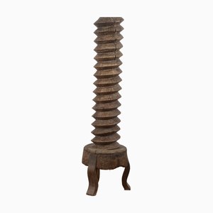 Large Wooden Grape Wine Press Screw with Iron Support, Italy, 19th Century